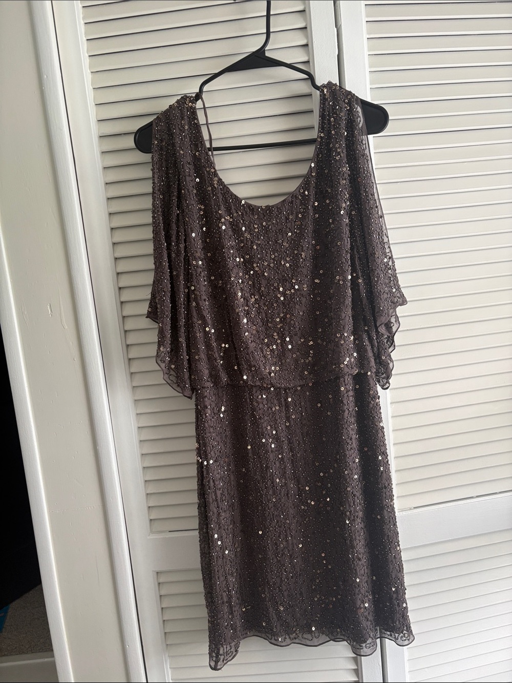 Pisarro Nights Brown Sequin Cold-Shoulder Midi Dress